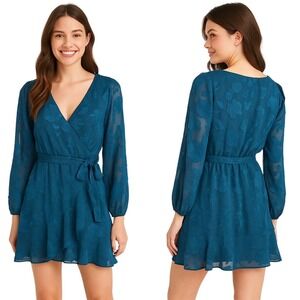 BCX Dress S Dark Teal‎ Fit Flare Sheer Sleeve Ruffle Belted Feminine Trendy NEW